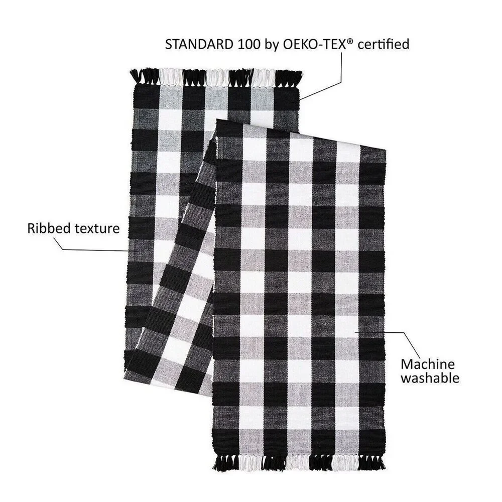 Buffalo Plaid Table Runner Cotton Black White Gray Fringe Kitchen 14 x 72-in NEW